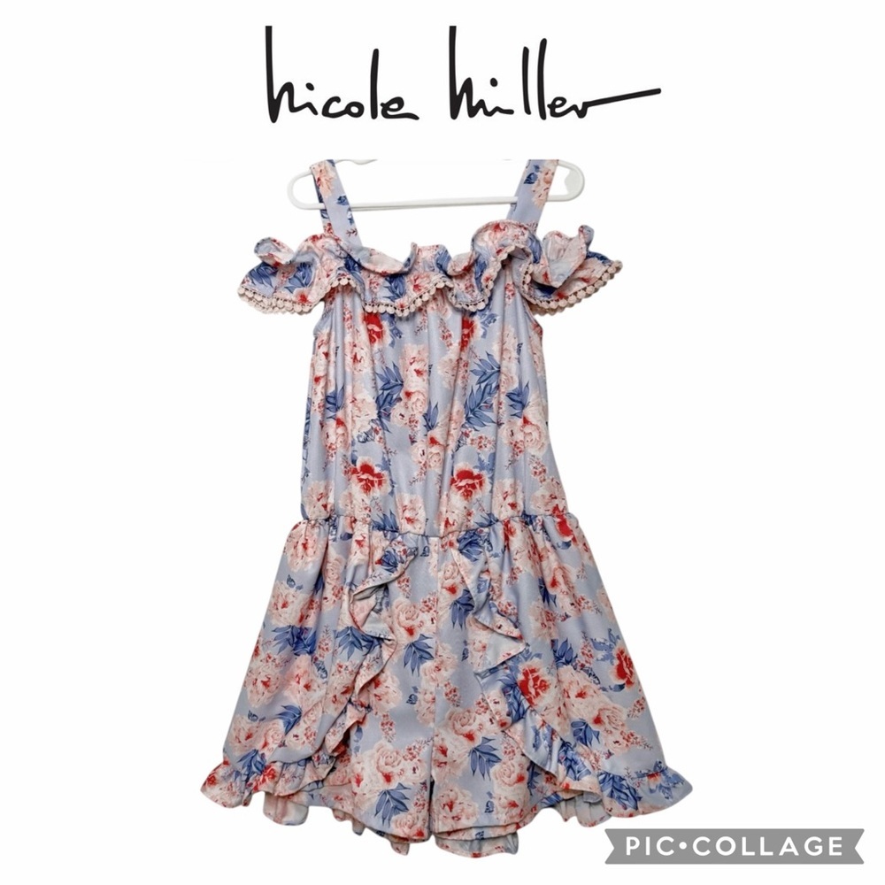 Nicole Miller sleeveless girl cold shoulder ruffle  romper blue pink size 10